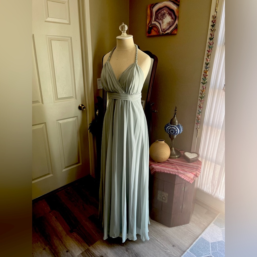 Maternity friendly formal dress in soft sage green